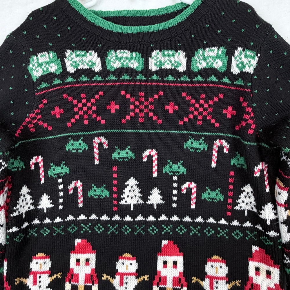 Holiday Time Boys Gamer Christmas Sweater Black Pixel Santa Snowman Size M 8